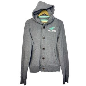 Y2K Hollister Womens Henley Hoodie Cardigan Size S Gray Button Up Jacket Preppy